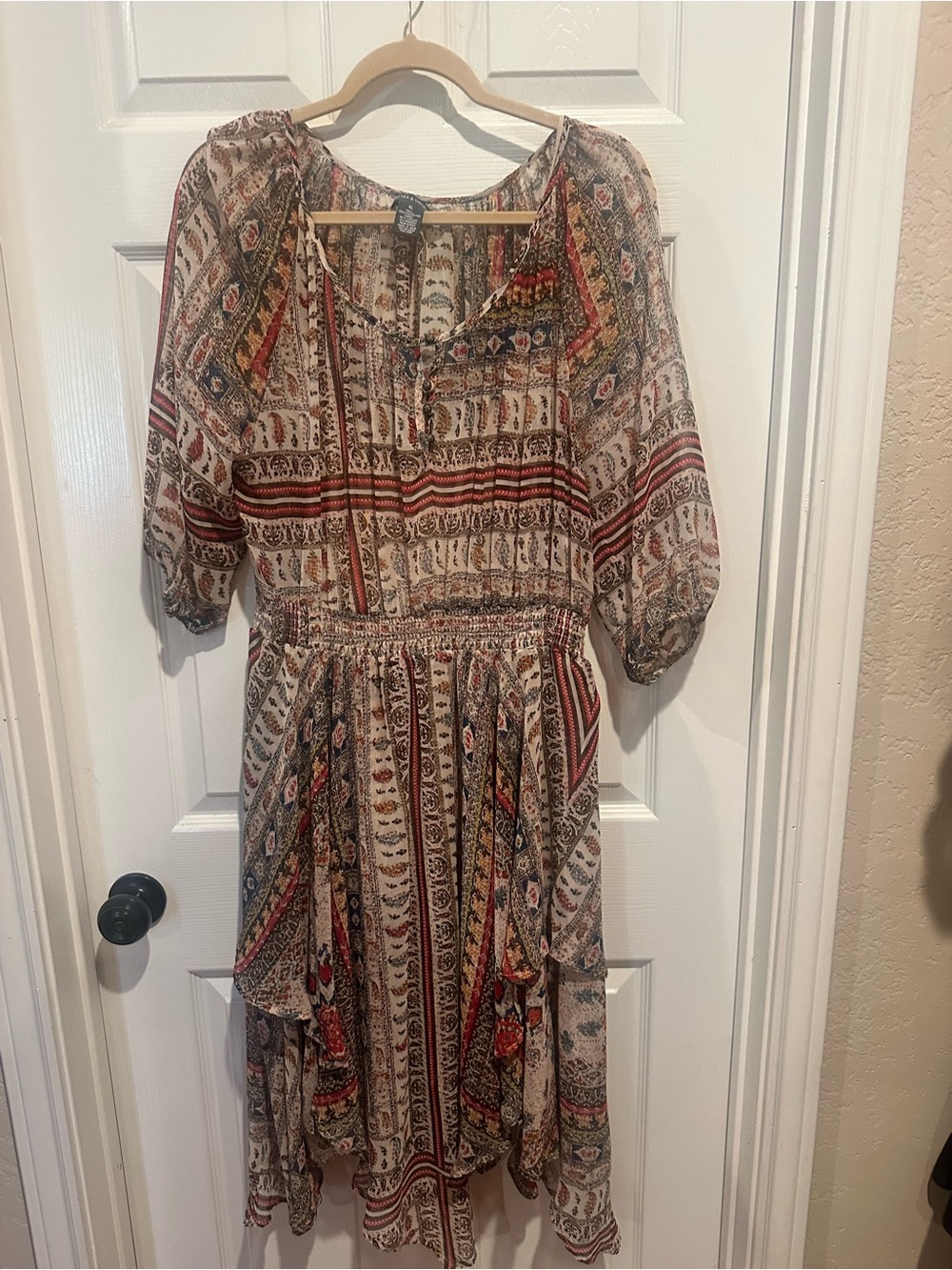 Chelsea & Theodore Cream Midi Dress with Red & Brown Prints